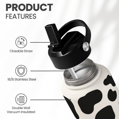 SANDJEST cow-print bottle lid closeup showing leakproof cap for travel