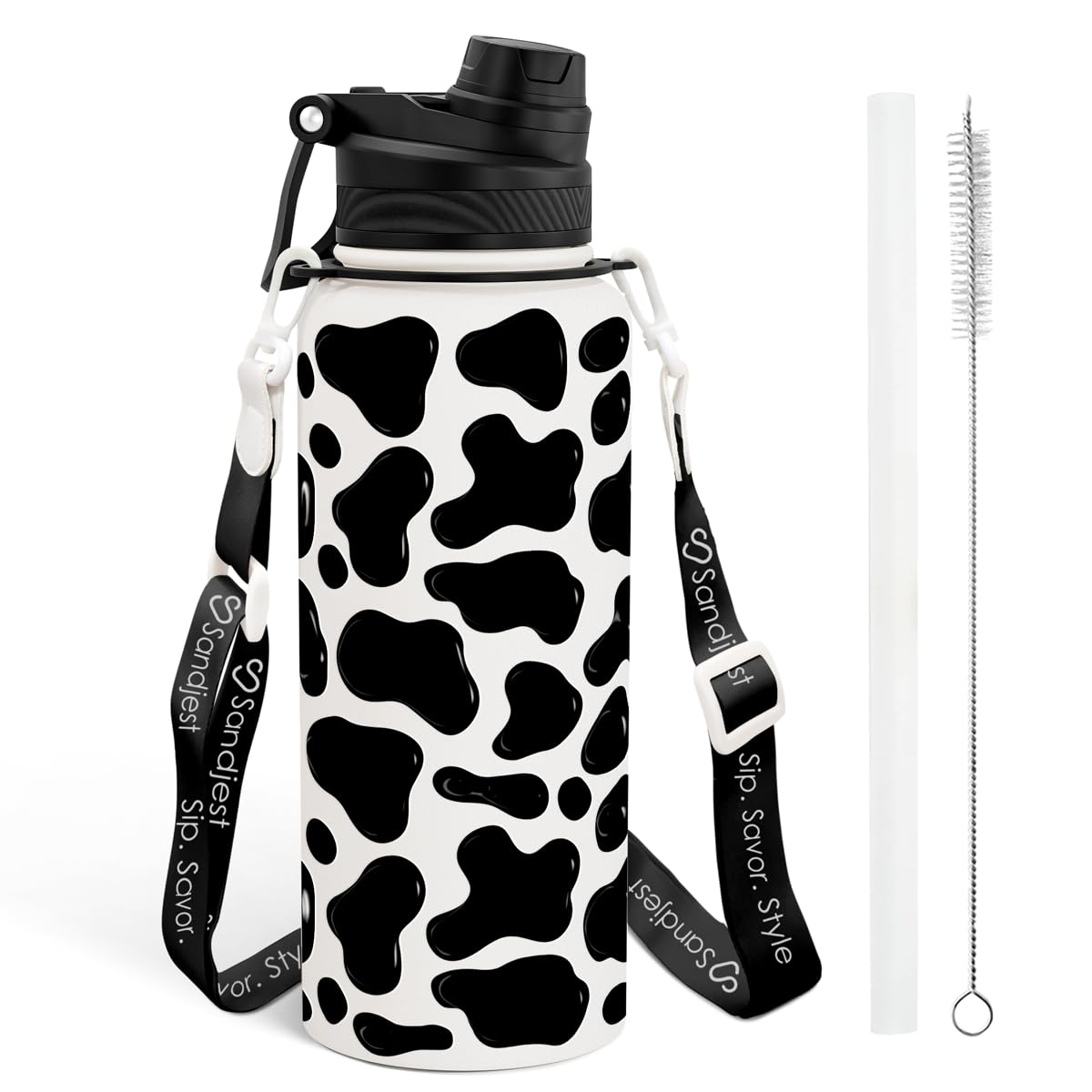 SANDJEST Cow Skin 32oz bottle front view for durable hydration on the go.