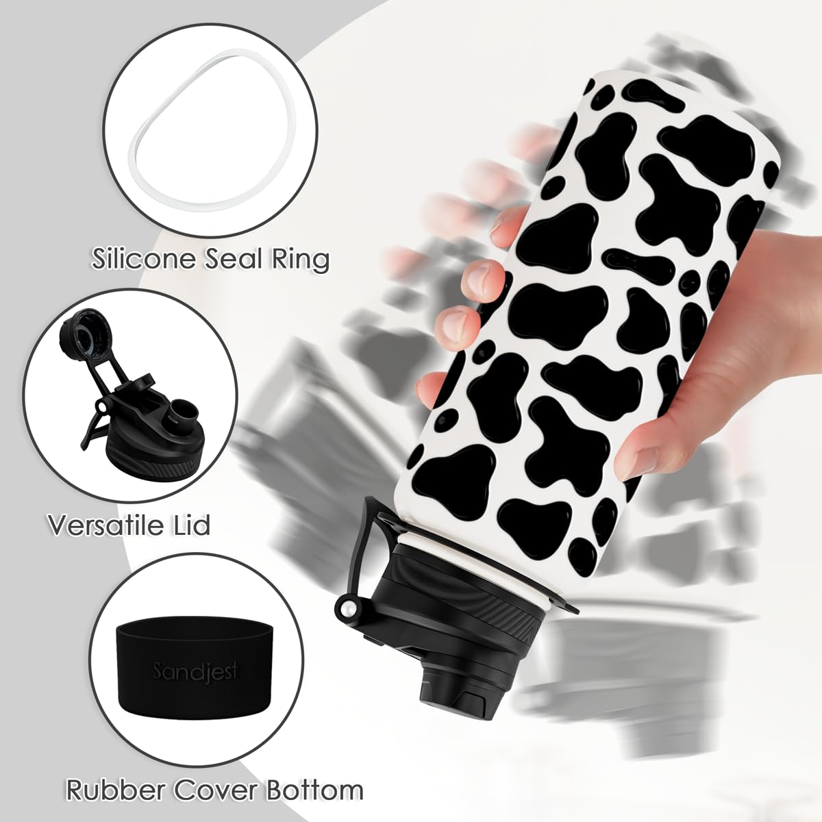 SANDJEST Cow Skin 32oz bottle side view with strap for hands-free carrying.