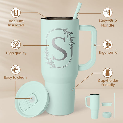 SandJEST custom initials tumbler maintains temperature during travel.