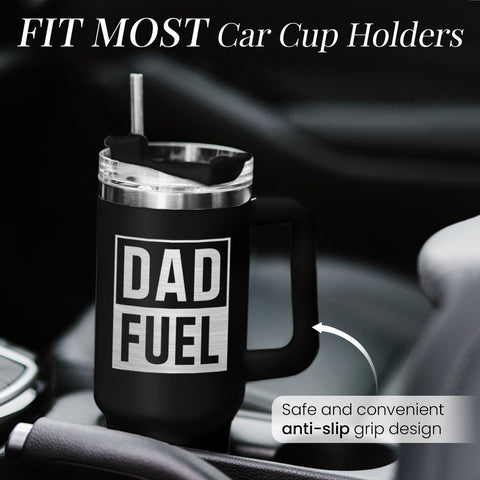 SANDJEST Dad Fuel tumbler outdoors during camping or travel.