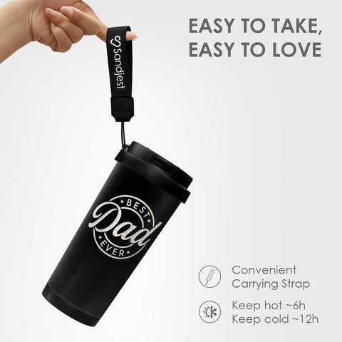 SANDJEST Dad Tumbler 18oz capacity suitable for daily beverages.