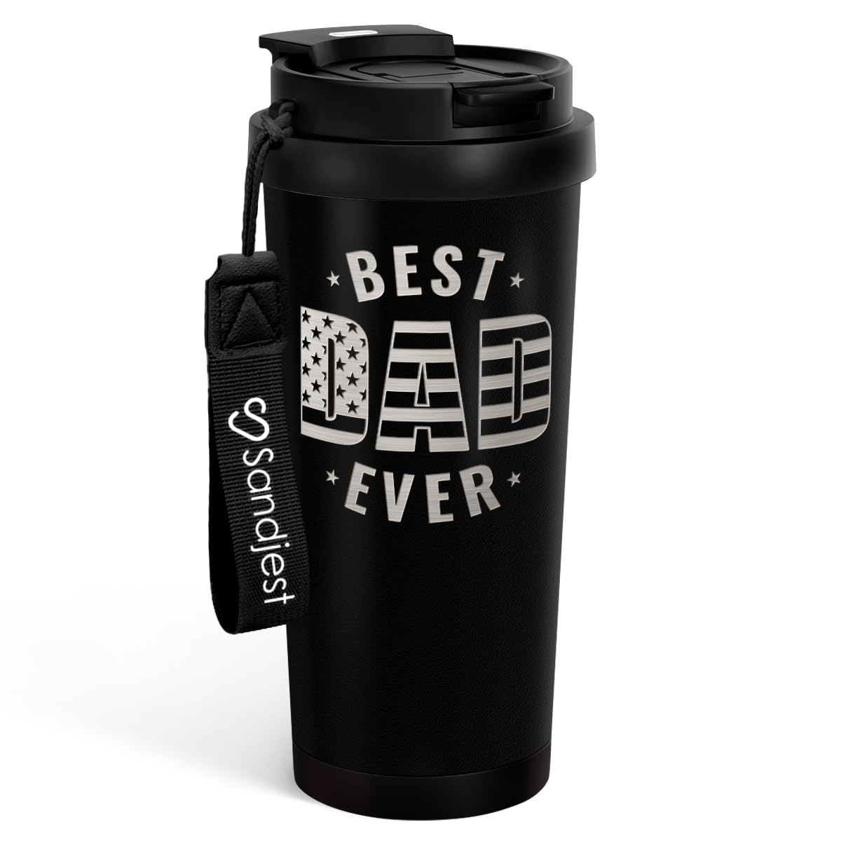 SANDJEST Dad Tumbler 18oz insulated with 2-in-1 lid for on-the-go temperature control.