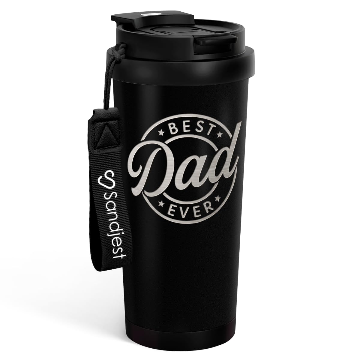 SANDJEST Dad Tumbler front view with durable stainless steel finish for on-the-go drinking.
