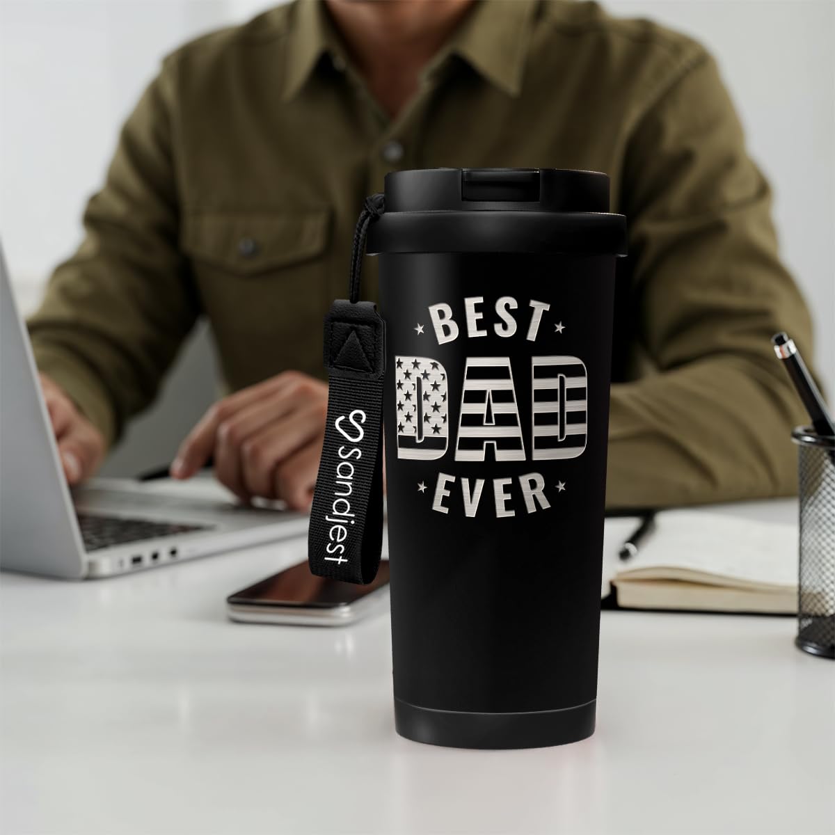 SANDJEST Dad Tumbler on-the-go hydration for busy days.