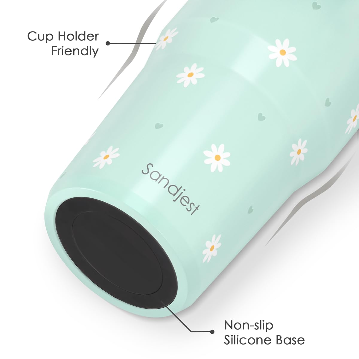 SANDJEST Daisy mint tumbler with straw-lid open demonstrates convenient sipping during activities