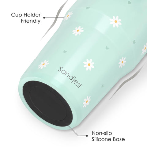 SANDJEST Daisy mint tumbler with straw-lid open demonstrates convenient sipping during activities