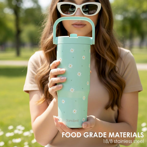 SANDJEST Daisy 30oz tumbler fits car cup holders for seamless travel in mint