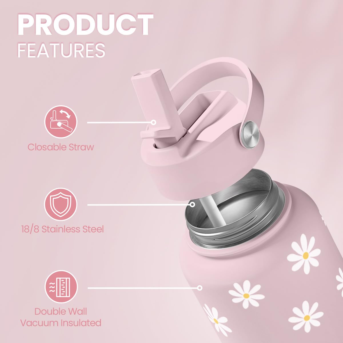 SANDJEST Daisy bottle with leakproof lid keeps bags dry during commutes