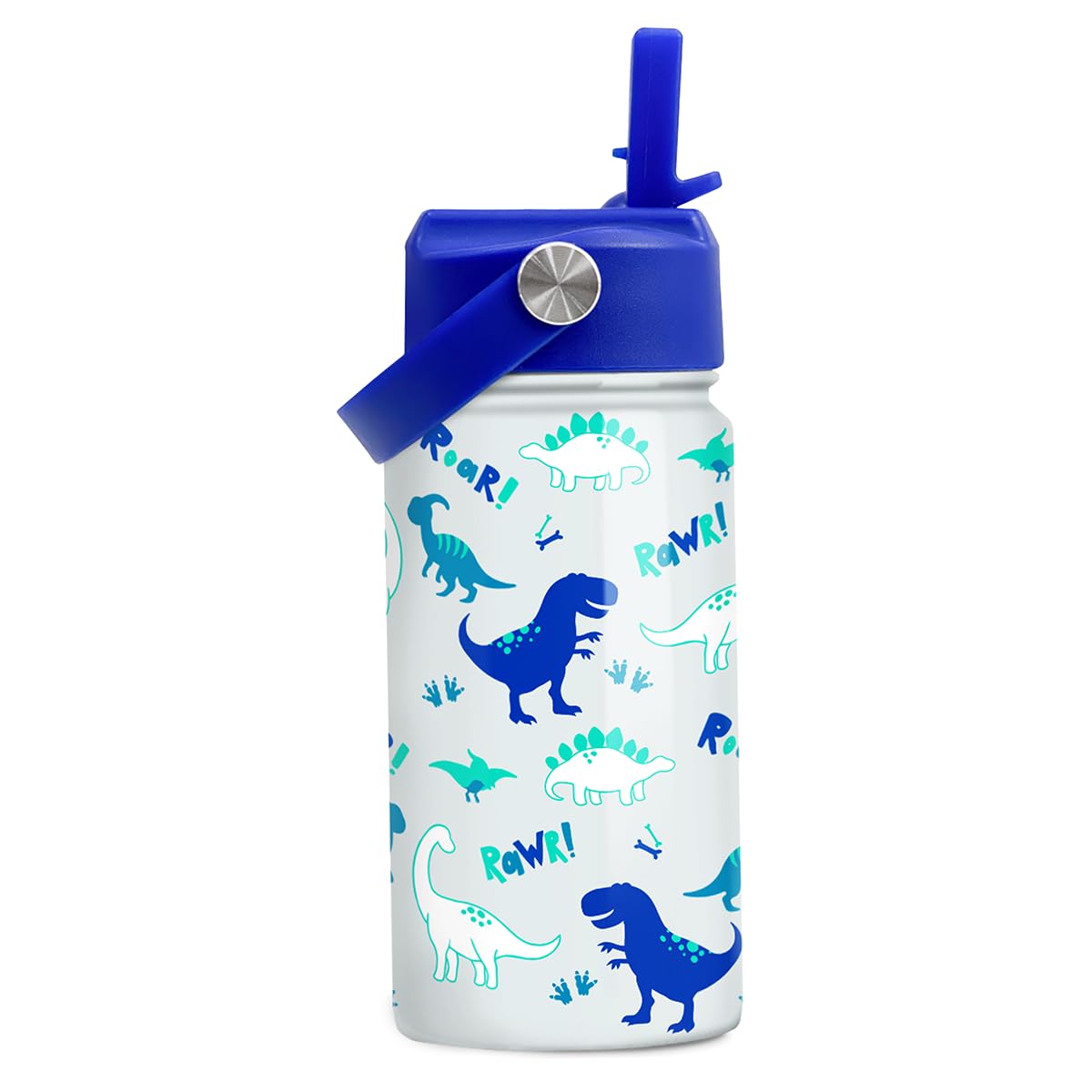 SANDJEST Dinosaur 12 oz insulated bottle with straw lid for school hydration.