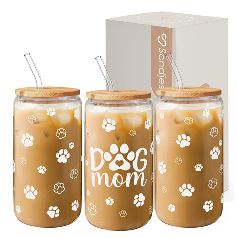 SANDJEST Dog Mom Cup 16oz glass mug with lid on desk for stylish iced coffee on the go.