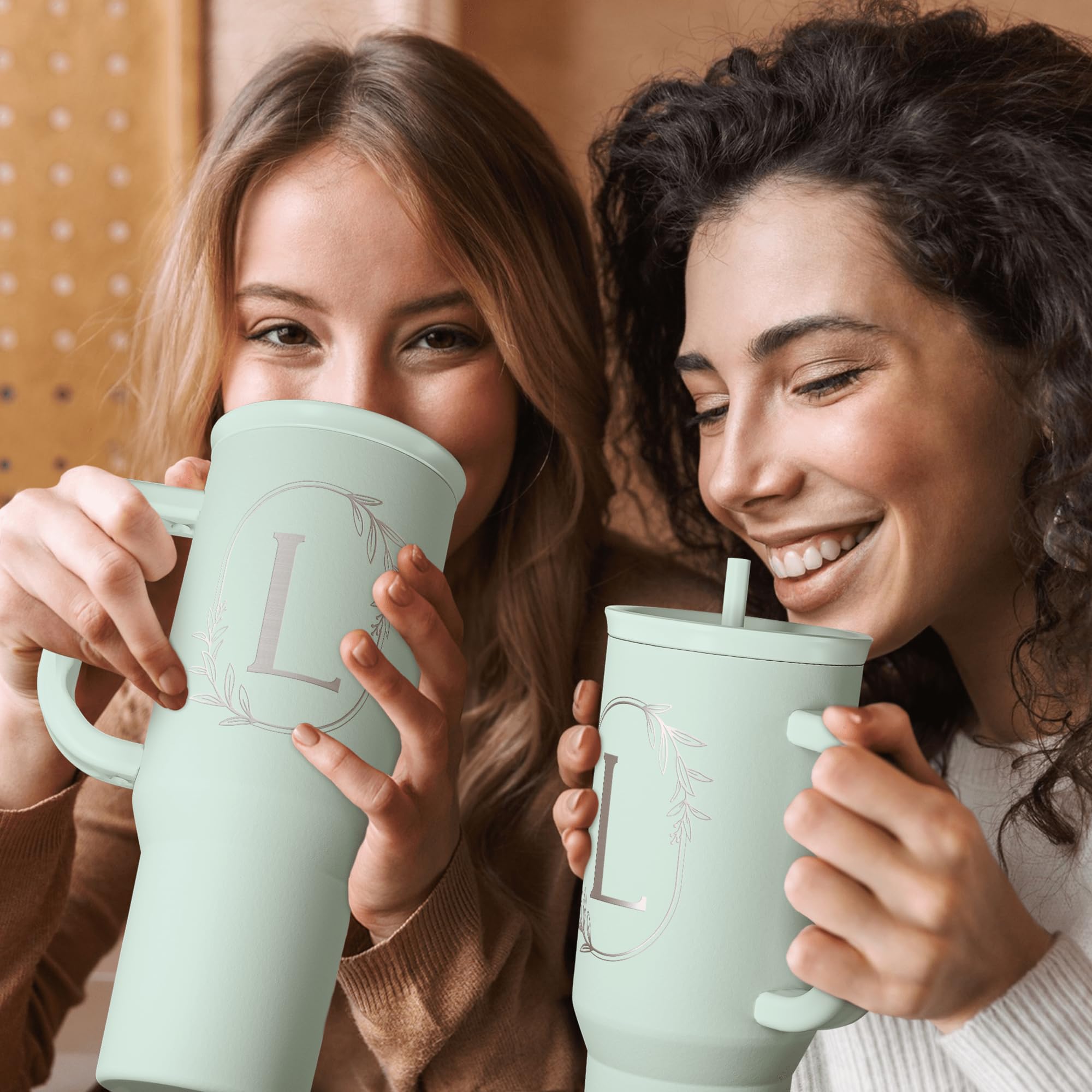 SANDJEST easy-clean by hand care note for monogram tumbler.