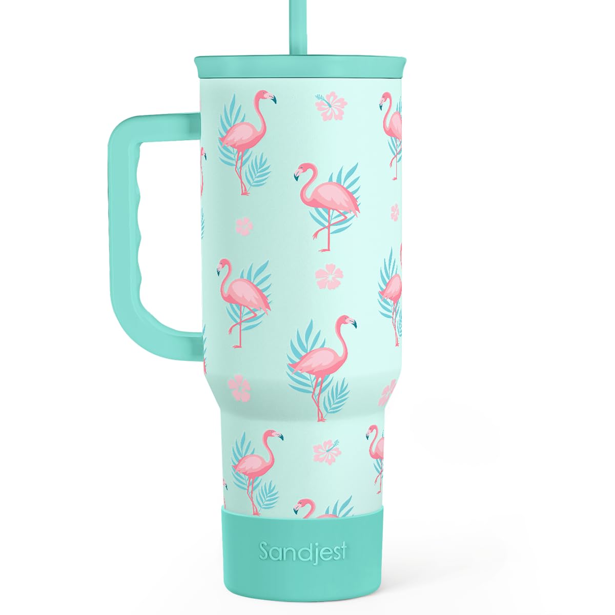 SANDJEST Flamingo Tumbler with handle for easy transport and spill-free drinking.