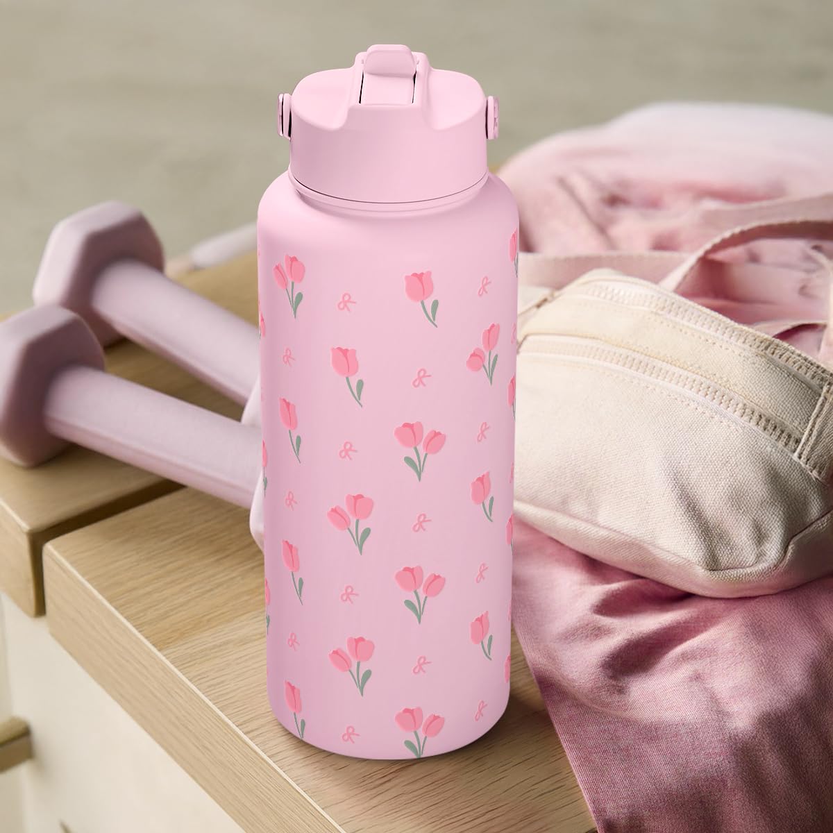 SANDJEST Floral 32oz bottle tulip-pattern style suits active lifestyles.