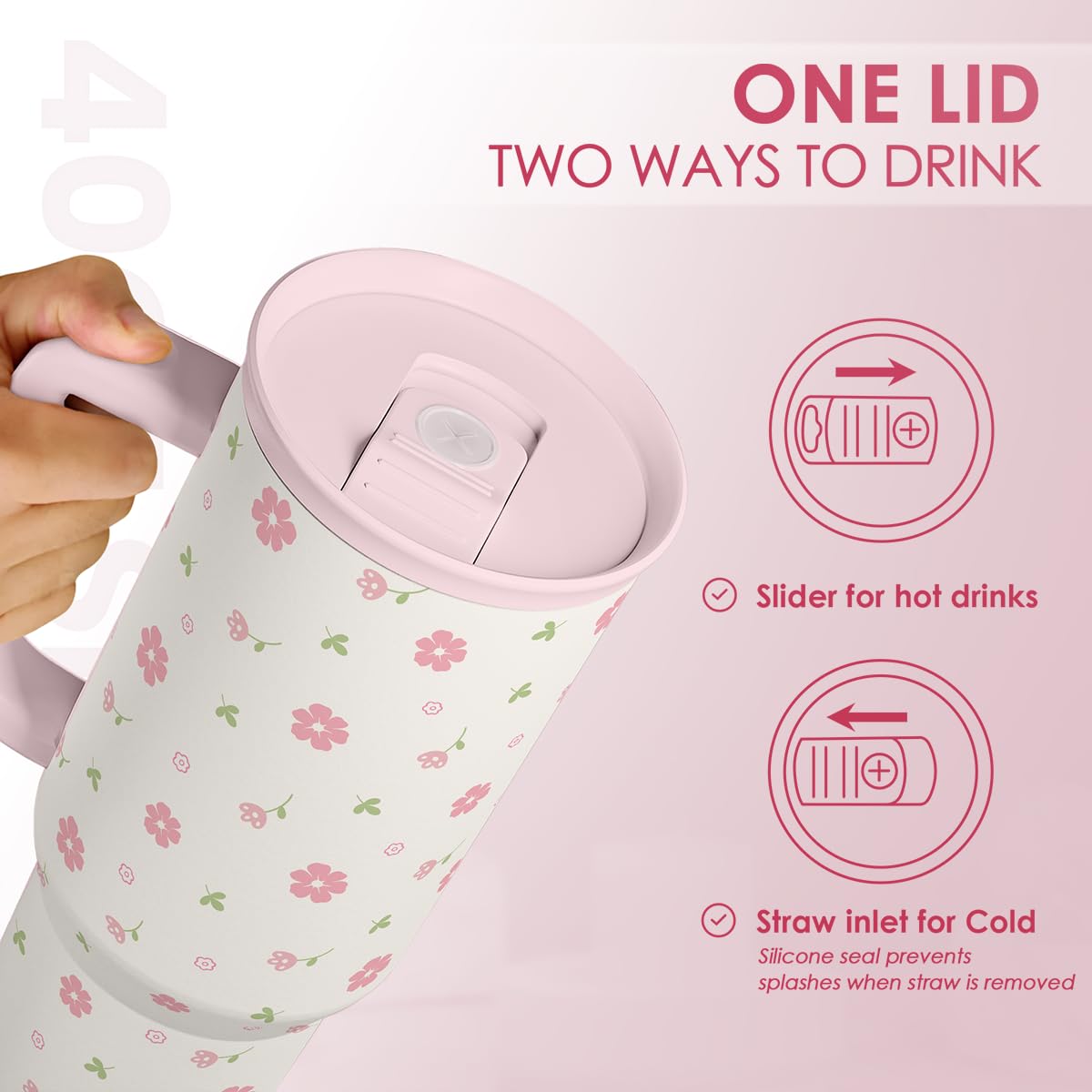 SANDJEST floral tumbler with 40-ounce capacity for extended sipping without refills.