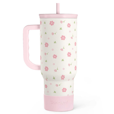 SANDJEST Floral 40oz tumbler with handle and straw for on-the-go hydration.