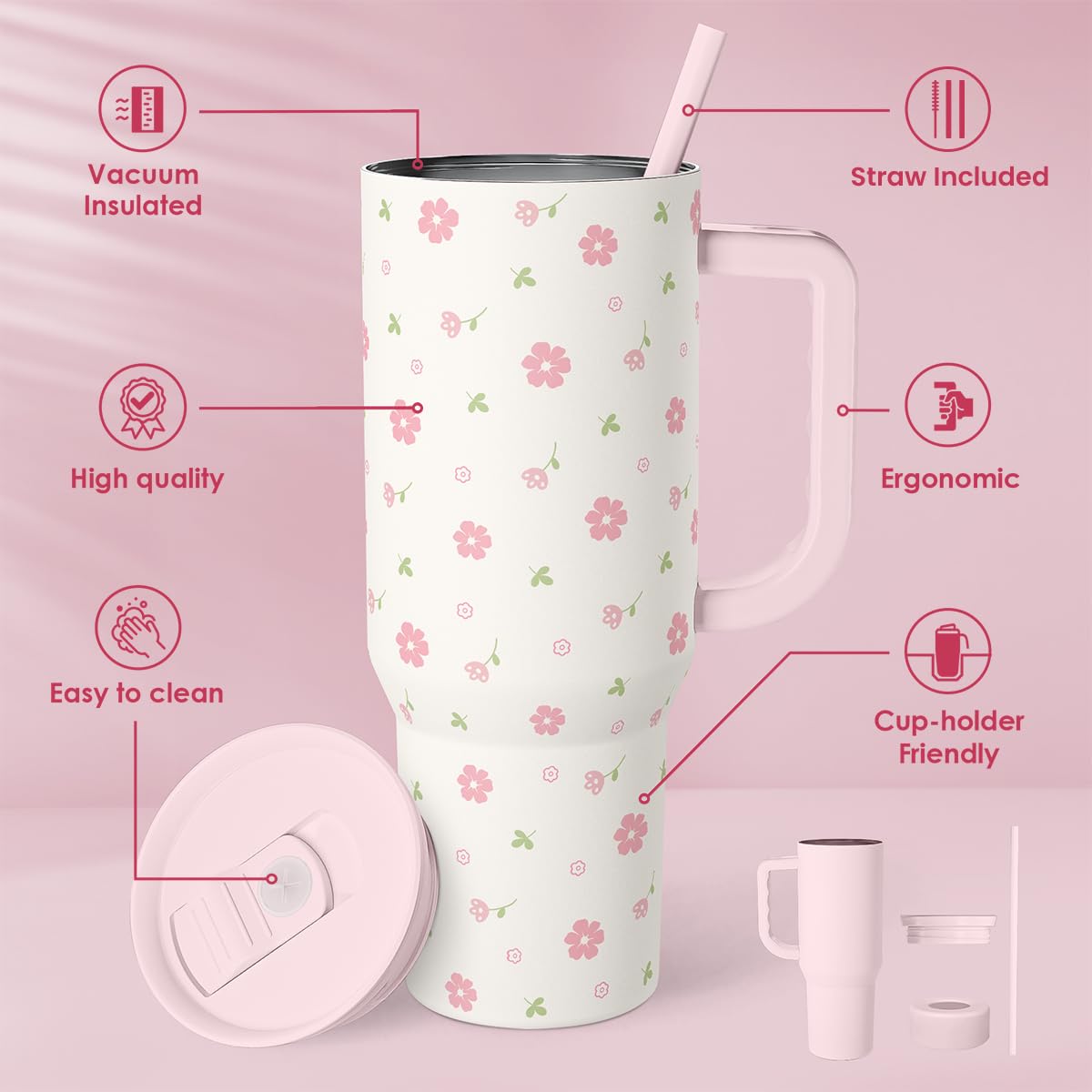SANDJEST insulated stainless steel tumbler keeps drinks cold or hot during busy days.