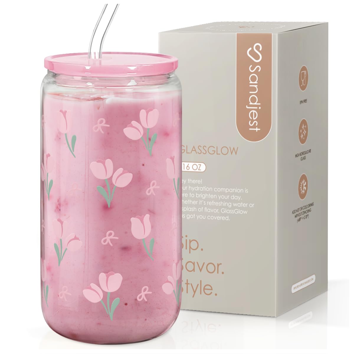 SANDJEST floral glass can with tulip shape, ideal for iced coffee at home.