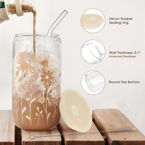 SANDJEST Flower Glass Can 16oz iced-coffee view shows capacity and clarity