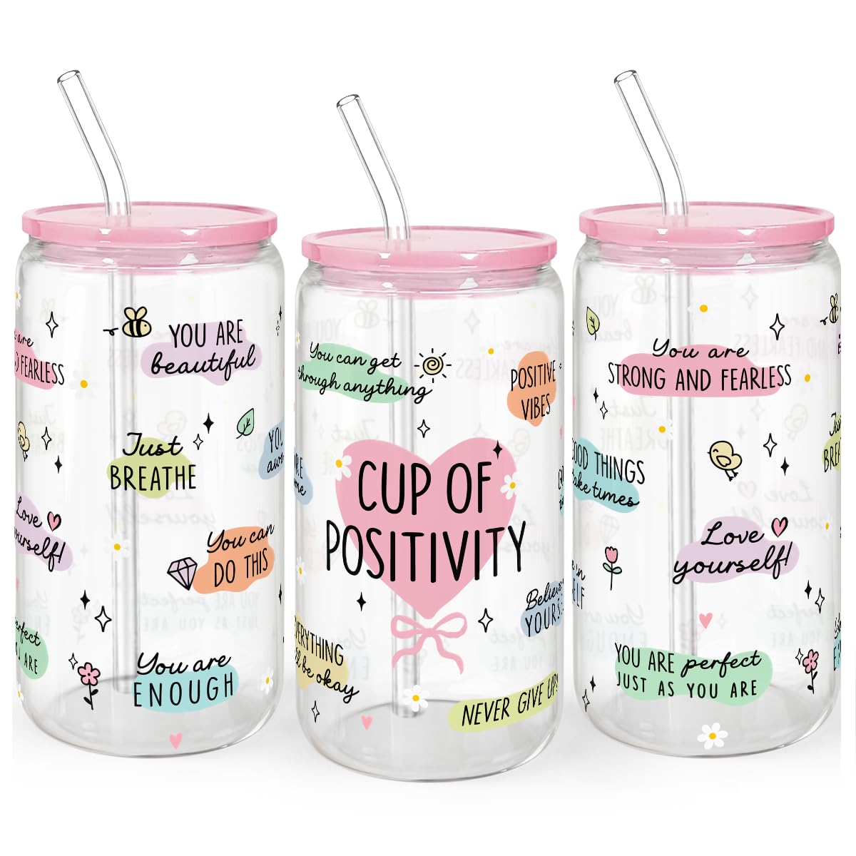 SANDJEST glass tumbler 16oz with acrylic lid and straw for stylish iced coffee on the go