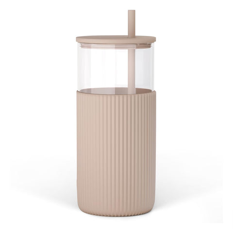SANDJEST 20oz glass tumbler with straw and lid enables portable hydration.