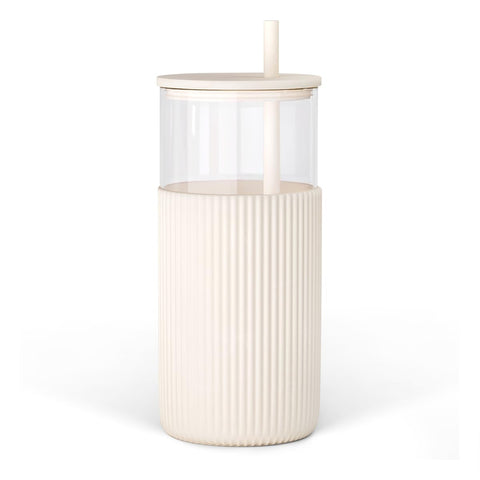 Sandjest glass tumbler with straw and cream lid, 20oz, ideal for smoothies
