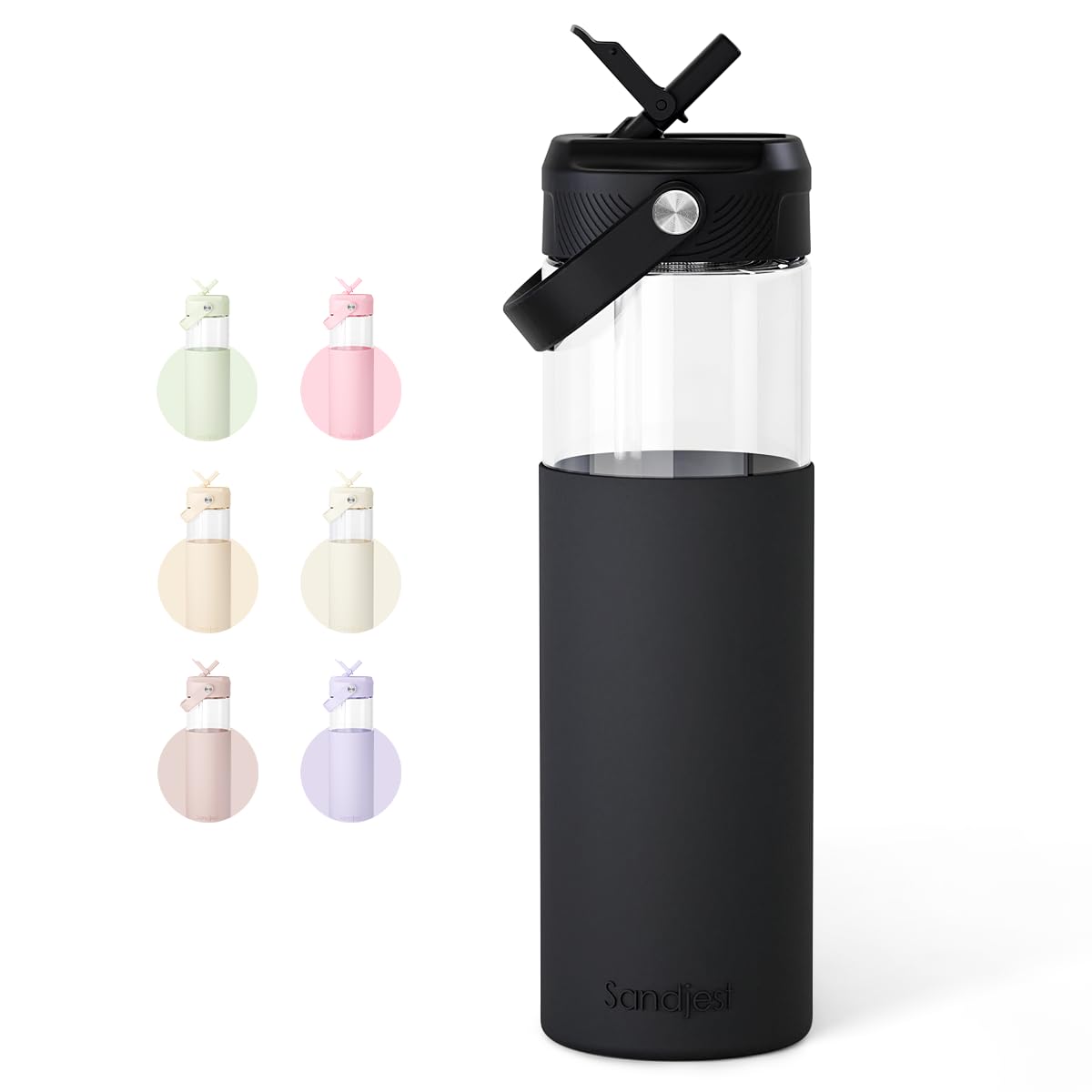 SANDJEST glass water bottle front view with silicone sleeve for grip and protection.