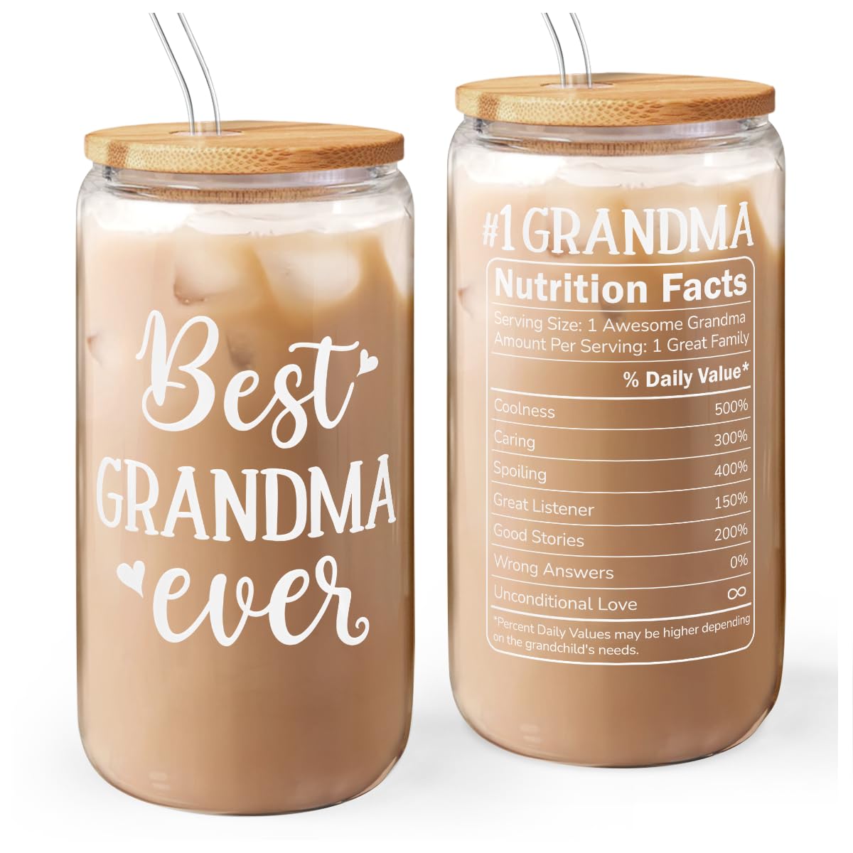 SANDJEST Grandma 16oz glass tumbler with bamboo lid for iced beverages.