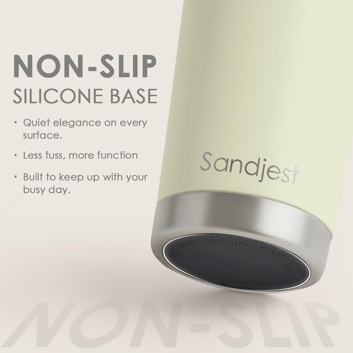 SANDJEST Green Tumbler hand-holding coffee emphasizes portable design for daily commute