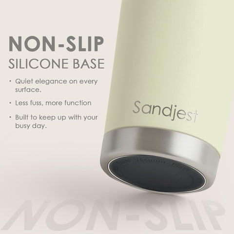 SANDJEST Green Tumbler hand-holding coffee emphasizes portable design for daily commute