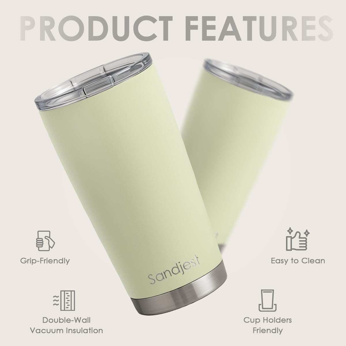 SANDJEST Green Tumbler lid closeup shows secure slide-lock lid to reduce leaks