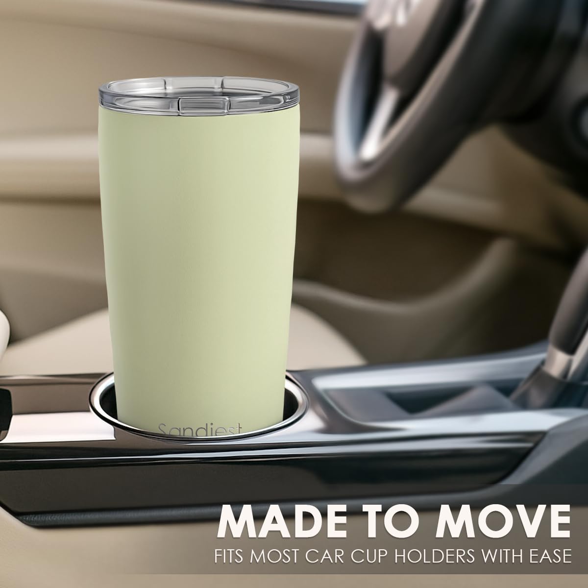 SANDJEST Green Tumbler close view highlights food-grade stainless steel for pure taste