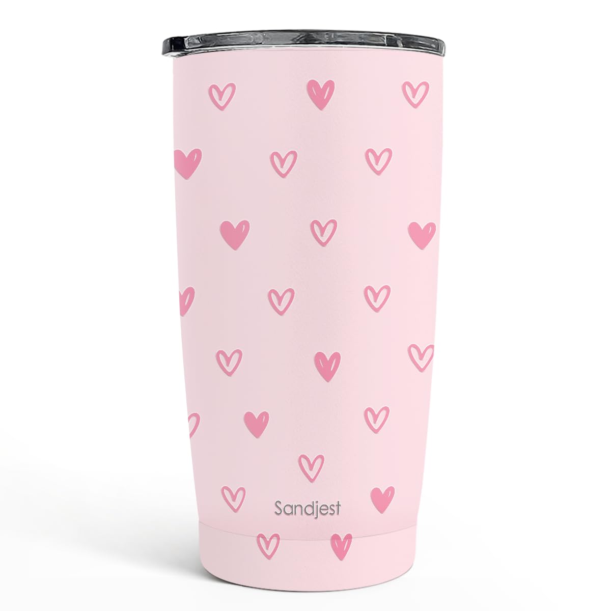 SANDJEST Heart Tumbler front view in pink, insulated to keep drinks cold