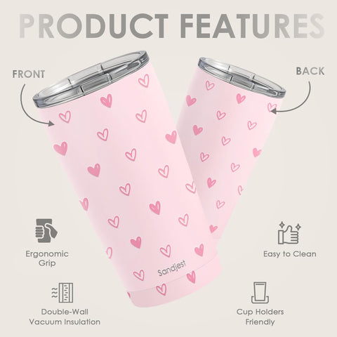 SANDJEST Heart Tumbler lid closed shows secure slide-lock for leak-free sipping