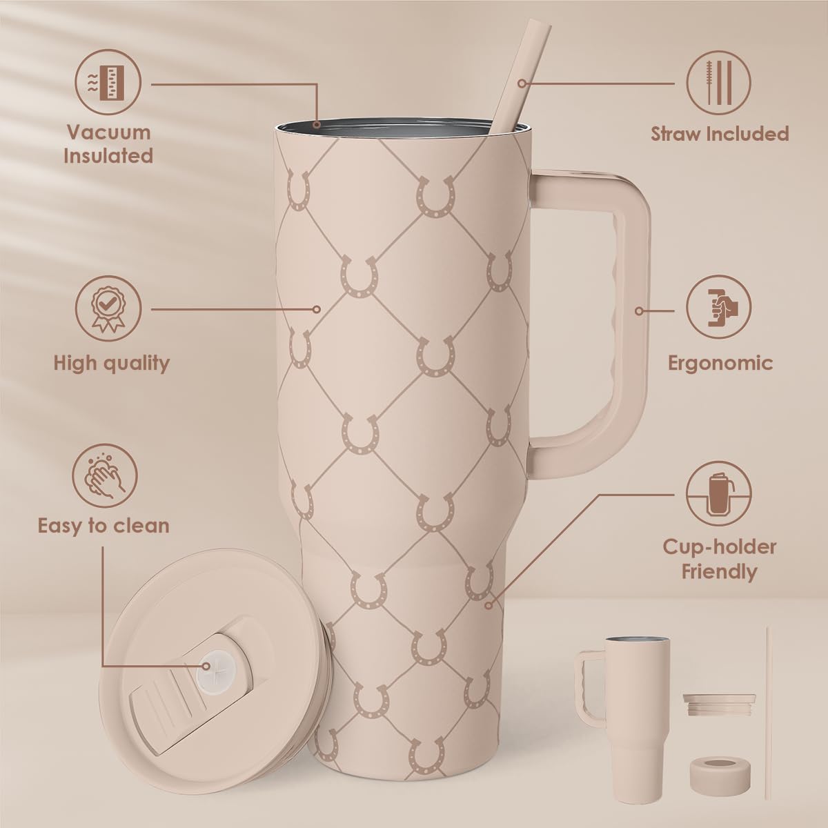 SANDJEST horse tumbler side-view showcases 40oz capacity for longer use.