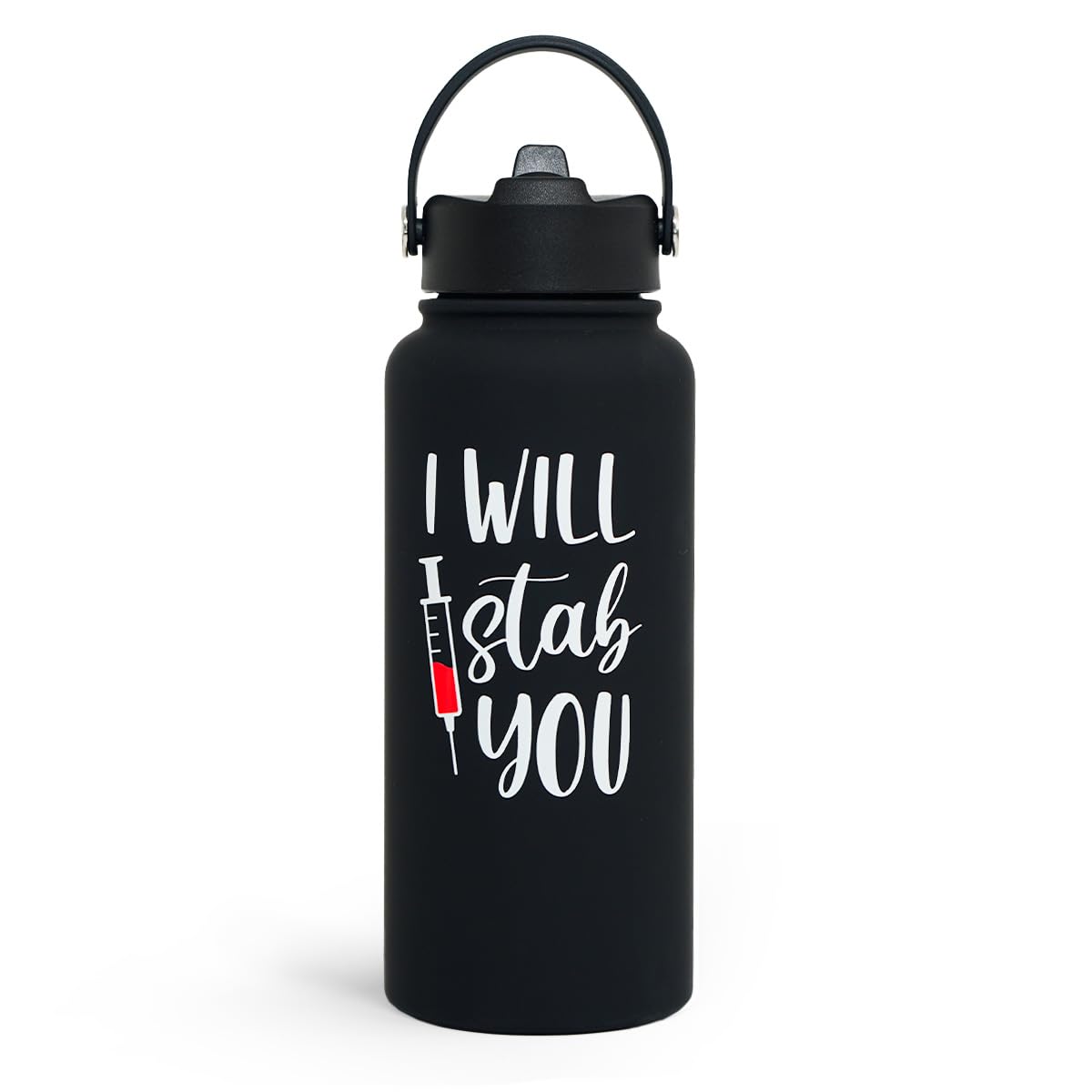 SANDJEST I Will Stab You Water Bottle 32oz, front view, ideal for on-the-go hydration