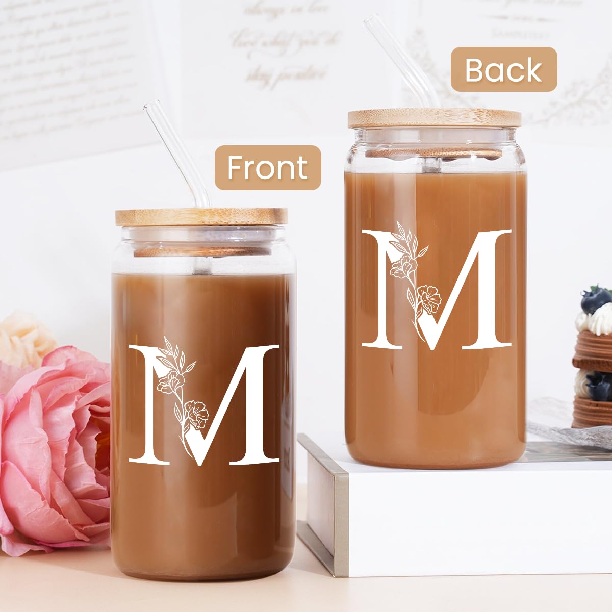 SANDJEST 16oz glass cup ideal for iced coffee, smoothies, or tea.