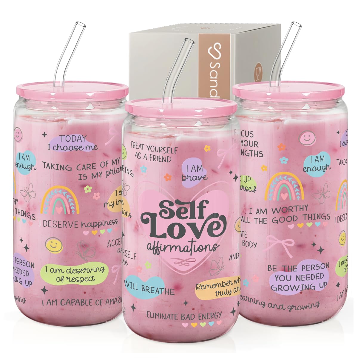 SANDJEST Inspiration Glass Can 16oz with self-love design, ideal for iced coffee.
