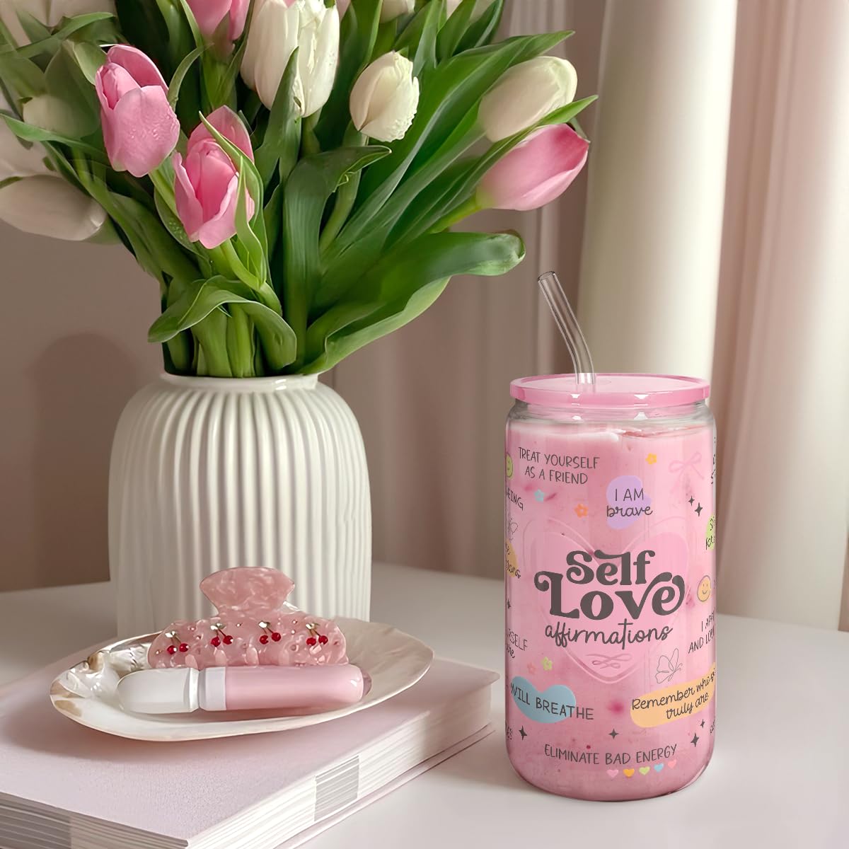 SANDJEST Inspiration Glass Can on desk for daily sipping ritual.