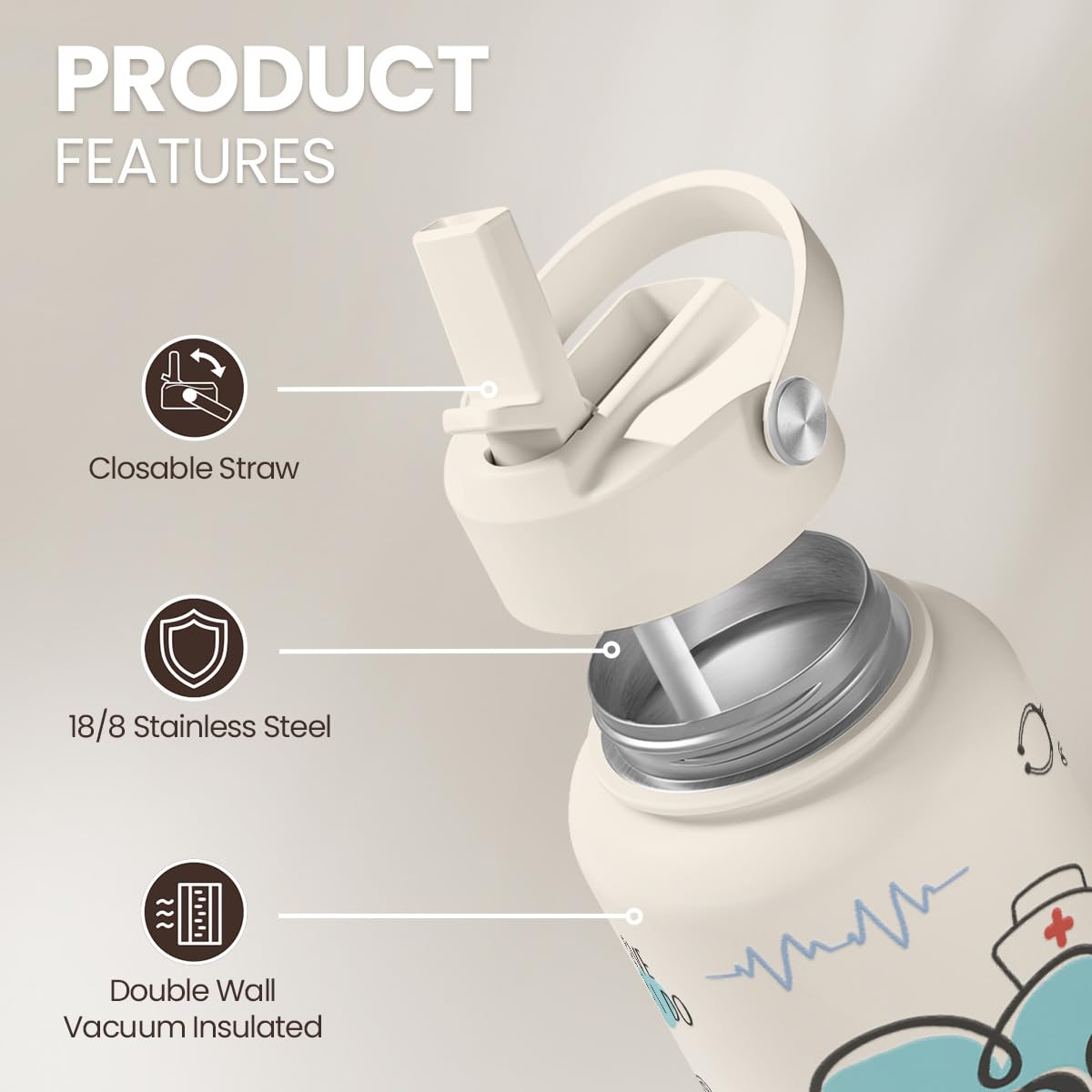 SANDJEST insulated bottle lid highlights secure leakproof design for bags.