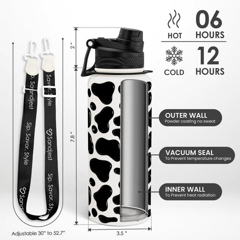 SANDJEST insulated stainless steel bottle close-up highlights temperature retention.