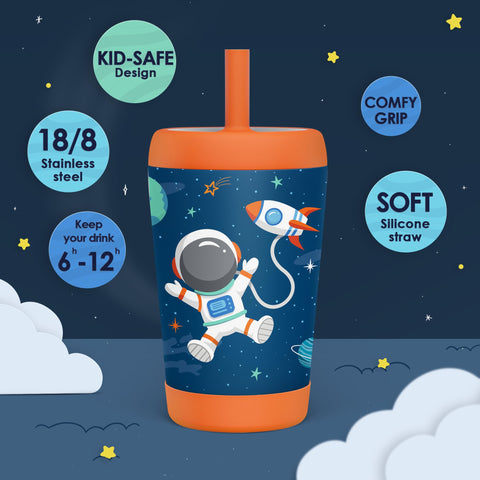 SANDJEST insulated tumbler with silicone straw helps reduce spills during playtime.