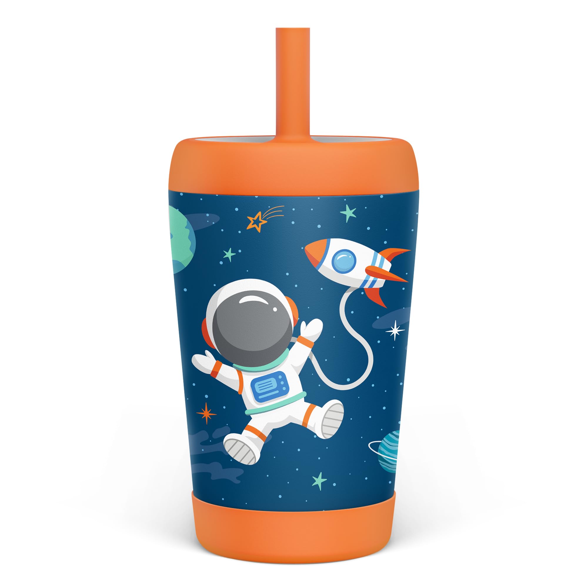 SANDJEST Kid Tumbler with astronaut design keeps drinks cool for kids on the go.