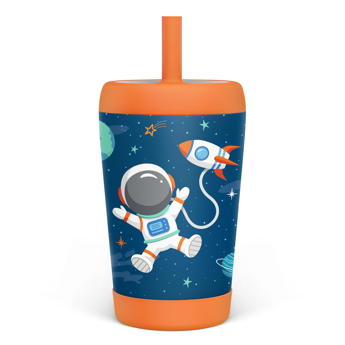 SANDJEST Kid Tumbler with astronaut design keeps drinks cool for kids on the go.