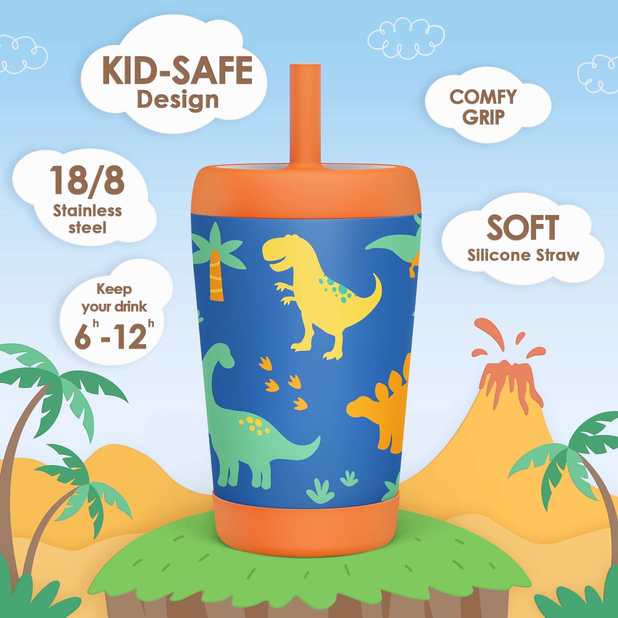 Sandjest kid tumbler with dinosaur straw enables mess-free sipping.