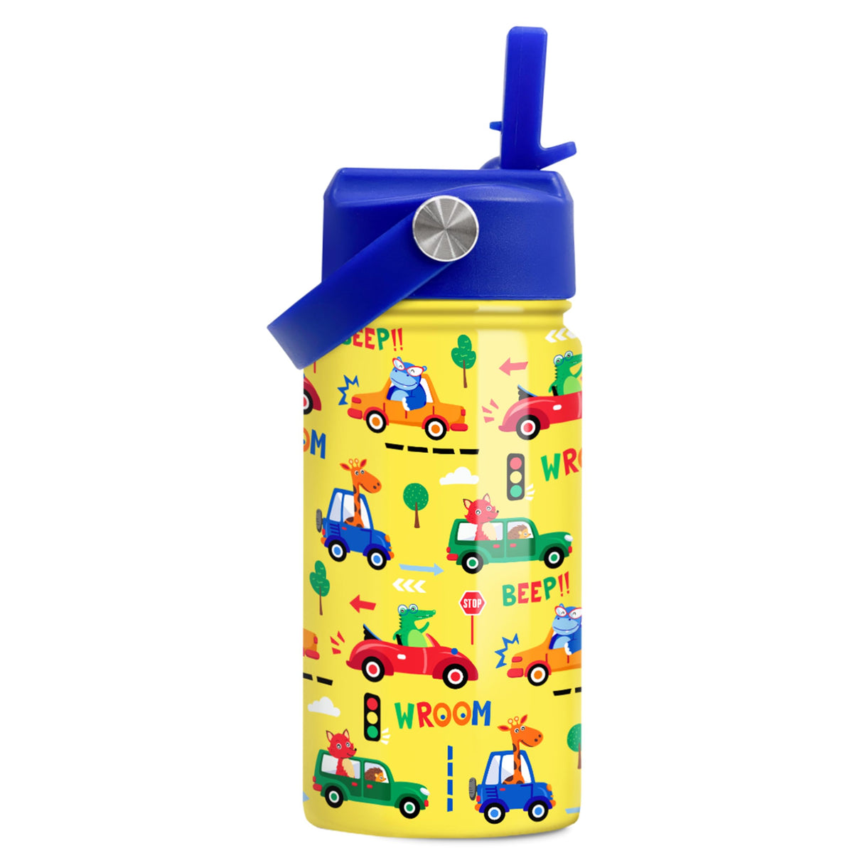 SANDJEST kids water bottle with straw lid, car design for easy hydration on the go.