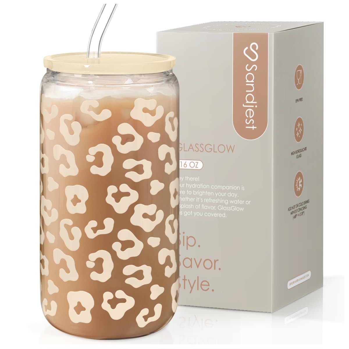 SANDJEST Leopard glass can 16oz with lid and straw for on-the-go sipping