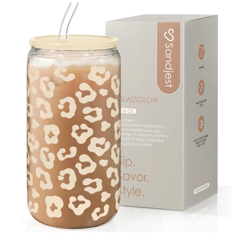 SANDJEST Leopard glass can 16oz with lid and straw for on-the-go sipping