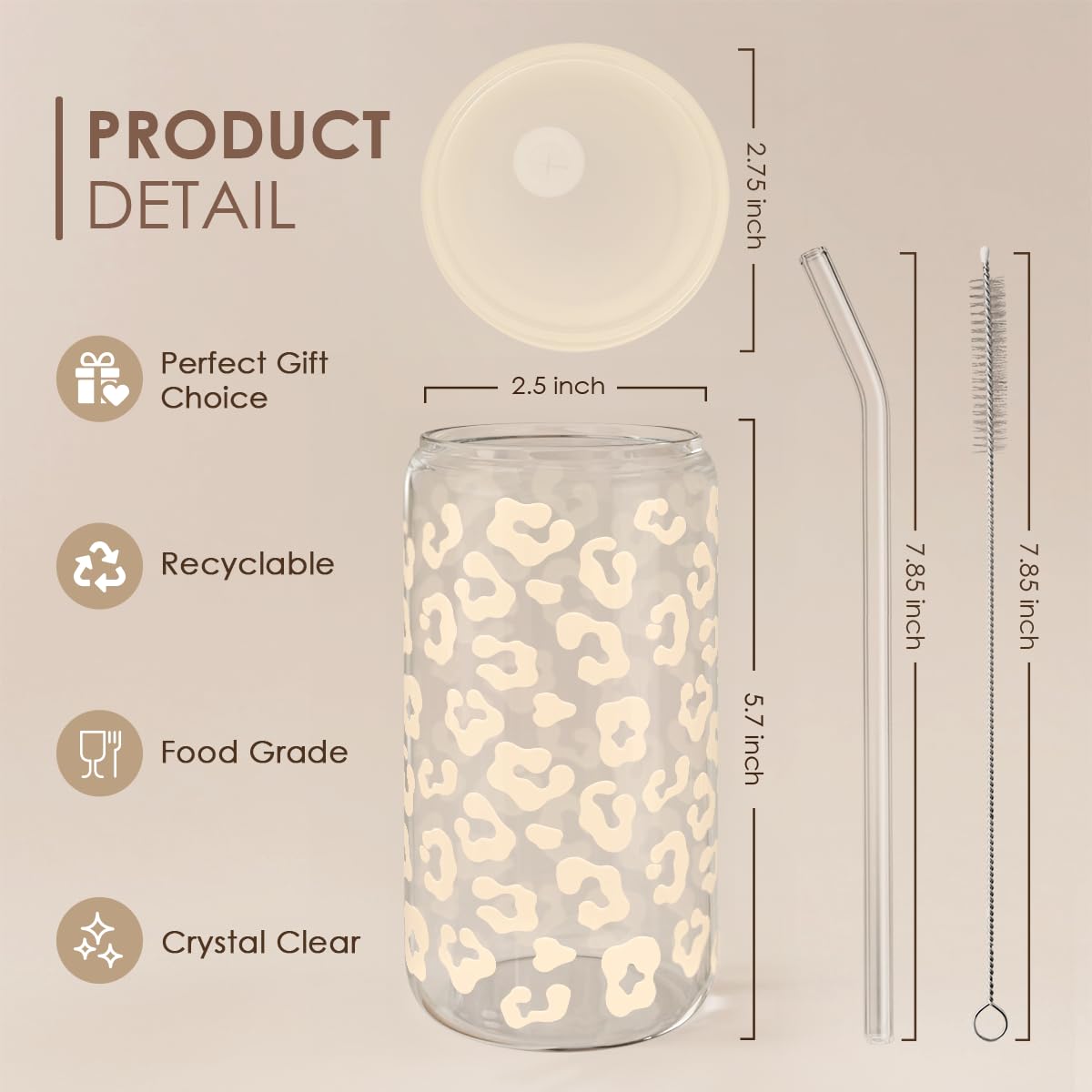 SANDJEST leopard-print glass cup with beige pattern for stylish daily hydration