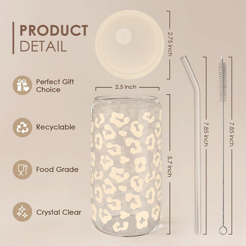 SANDJEST leopard-print glass cup with beige pattern for stylish daily hydration